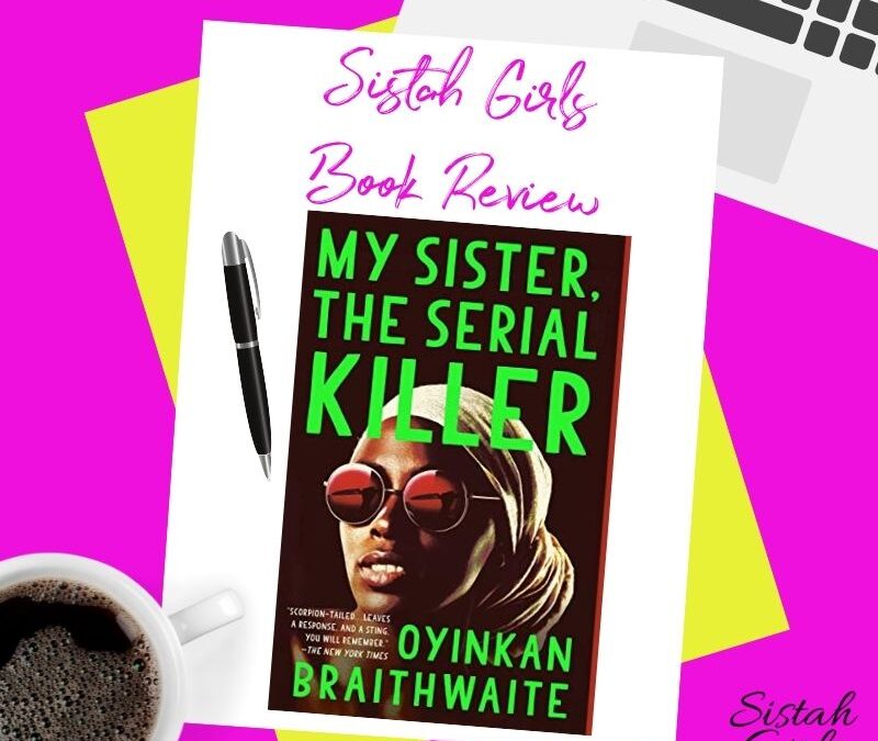 book cover with green letters with a black woman on the cover laying with a pink and yellow background with coffee and laptop on the table