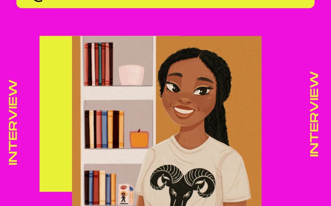 illustration of a black girl standing in front of a book shelf with pink and yellow background